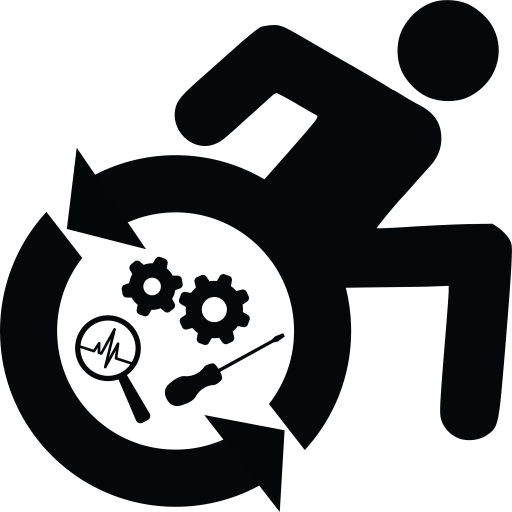 Make4All Lab logo with a graphical representation of a person actively leaning forward in a wheelchair. Tools and gears appear inside the wheel, which is made of circular arrows representing iterative development.