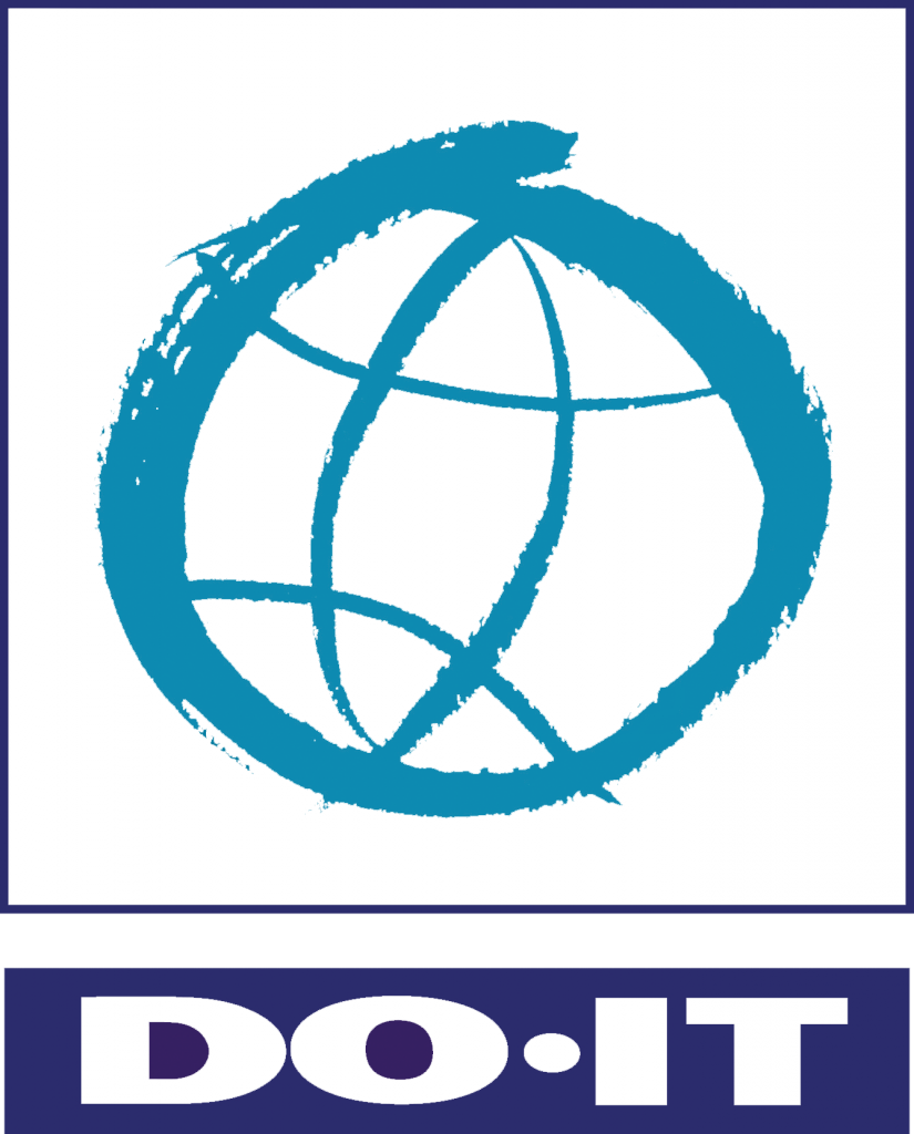 DO-IT Center logo with an aqua, brushstroke icon of a globe with longitude and latitude lines.