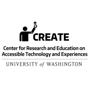 Logo for CREATE, the Center for Research and Education on Accessible Technology and Experiences at the University of Washington. Icon is a person with a prosthetic arm holding a lightbulb.