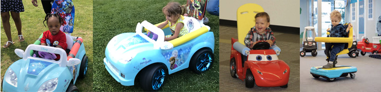 Collage of four young children riding on commercial and DIY powered mobility technologies, including the Permobil® Explorer Mini and modified Go Baby Go  ride-on toy cars