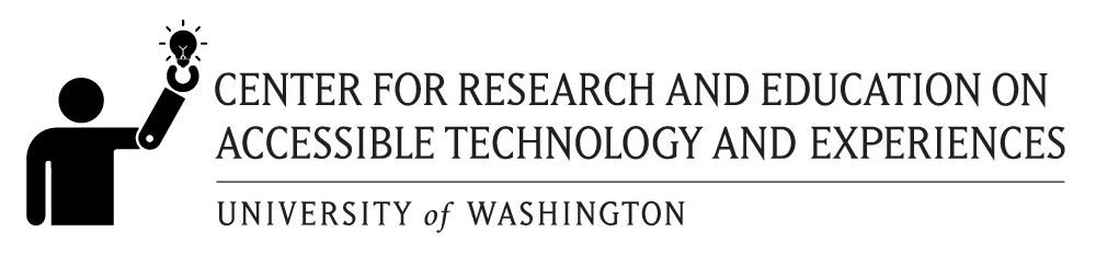 CREATE logo, full text version. Black icon and text over transparent background. Person with a prosthetic arm holding a lightbulb, CREATE in block letters, Center for Research and Education on Accessible Technology and Experiences. University of Washington.