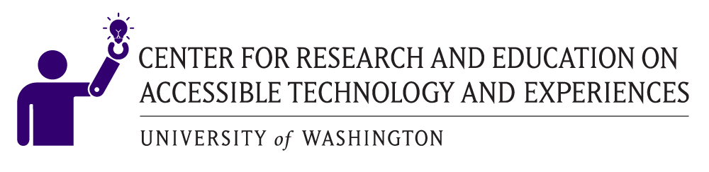 CREATE logo, full text version. Purple icon and text over transparent background. Person with a prosthetic arm holding a lightbulb, Center for Research and Education on Accessible Technology and Experiences. University of Washington.