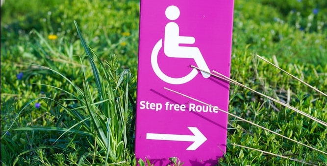 A bright pink placard with a wheelchair user icon and the words Step Free Route planted in bright green grass