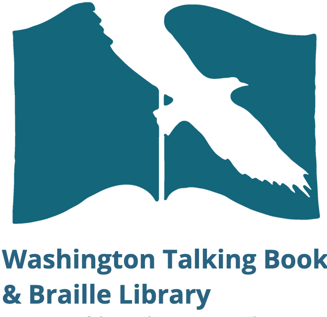 Washington Talking Book & Braille Library with a graphic of a flying hawk in front of a book.