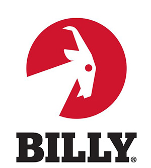 Billy Footwear logo with the profile of a billygoat on a red background.