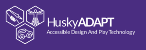HuskyADAPT logo with 3 hexagons containing icons for tools, people, and toys and the words, Accessible Design And Play Technology.