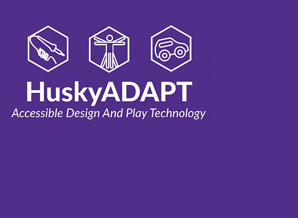 HuskyADAPT logo, with 3 heaxagons containing icons of tools, people and vehicles.