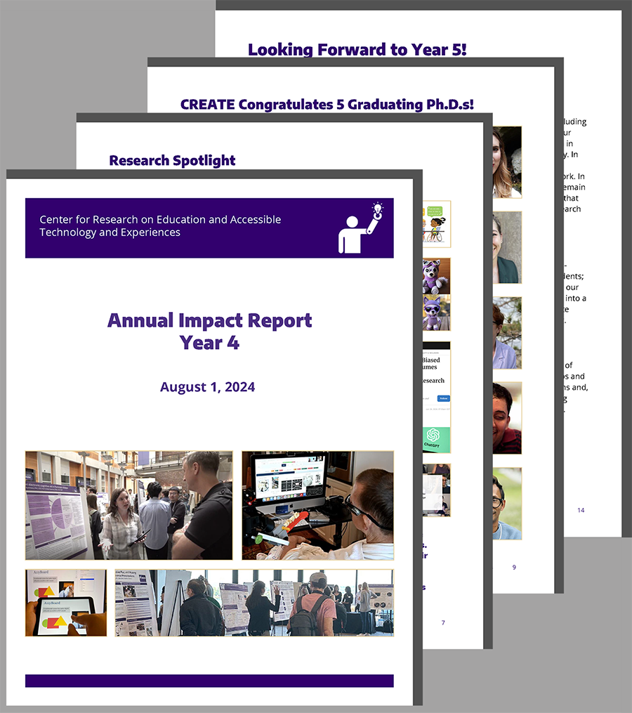 Cover of the CREATE Year 4 Impact Report with pages stacked behind. The revealed page headings are: Research Spotlight, CREATE Congratulates 5 Graduationg Ph.D.s, and Looking Forward to Year 5.