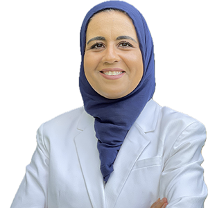 Headshot of Rania Hussein, a woman smiling warmly, wearing a blue hijab and white lab coat.