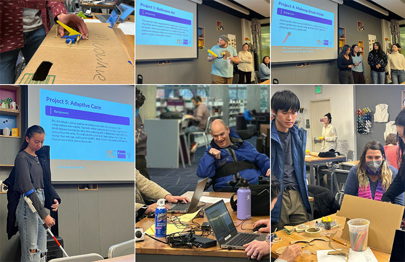 Collage of photos from the Adaptive Solutions Hackfest November 2024, including a prototype lever for pushing microwave buttons, a white cane with arm cuff for users with wrist injuries, presentations of prototypes and participants collaborating.