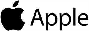 Apple corporate logo. Graphic of an apple with a bite out of it and the company name.