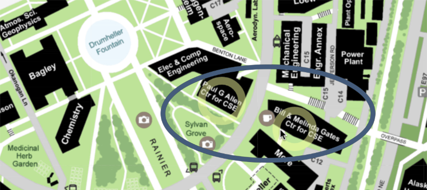 map of UW central campus with CSE buildings circled