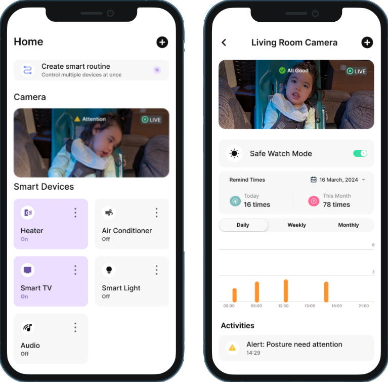 Graphic of two smartphone displays showing the posture monitoring app. One phone shows the image of a slumping child and an alert. The other shows an upright child and an "all good" status.