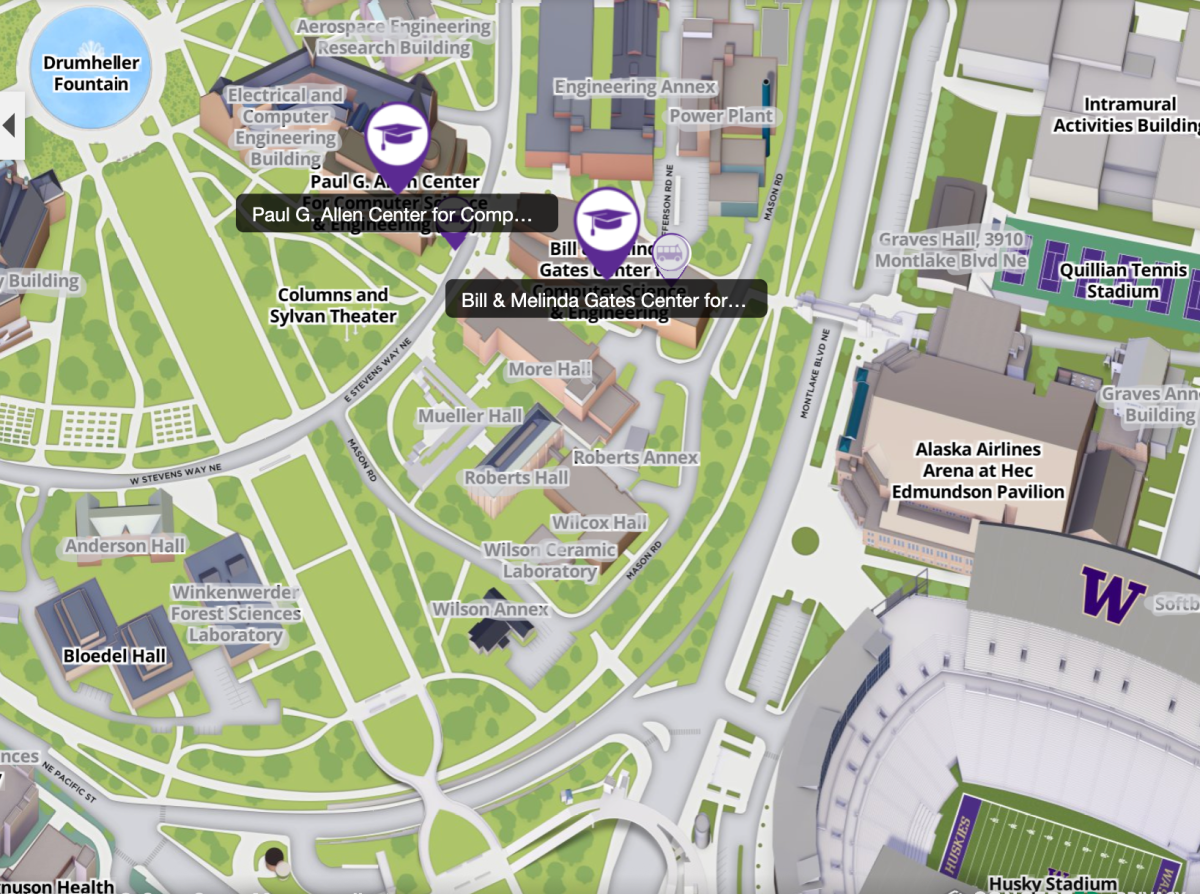 Screenshot from the UW's interactive map with the two CSE academic buildings highlighted and shown in relation to Drumheller Fountain, the Hec Ed Pavilion, and Husky Stadium.