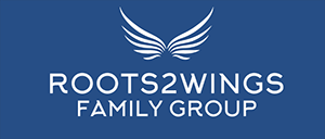 Roots2Wings Family Group logo with a graphic of a bird's wingspan on a blue background.