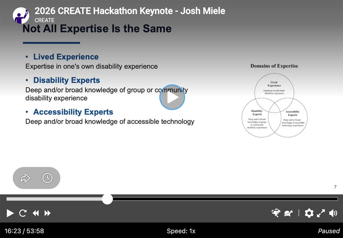 Still image from Miele's keynote. A Venn diagram shows the intersections of Lived Experience, Disability Experts, and Accessibility Experts.