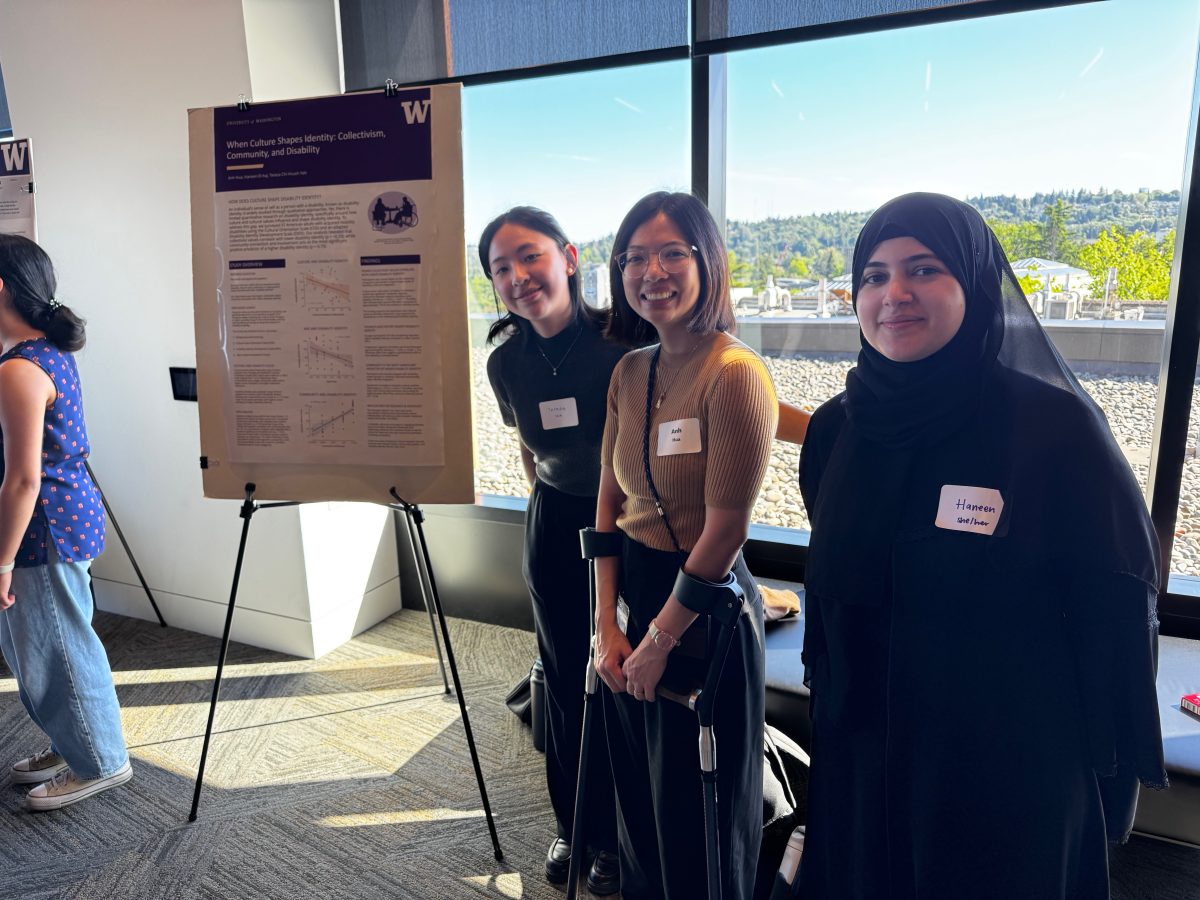 Students pose in front of their poster  titled, "When Culture Shapes Identity Collectivism."