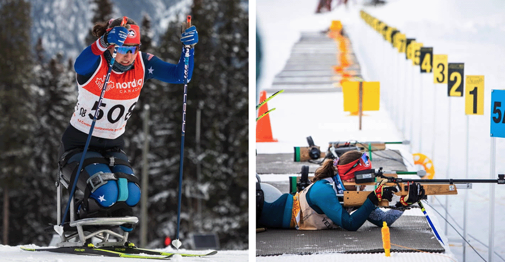 Two photos of Nicole Zaino. On the left, she's para skiing with a sit-ski. Her arms are at head level and poles ready to propel her forward. On the right, she lies on her stomach while aiming a specialized rifle in a biathlon competition.