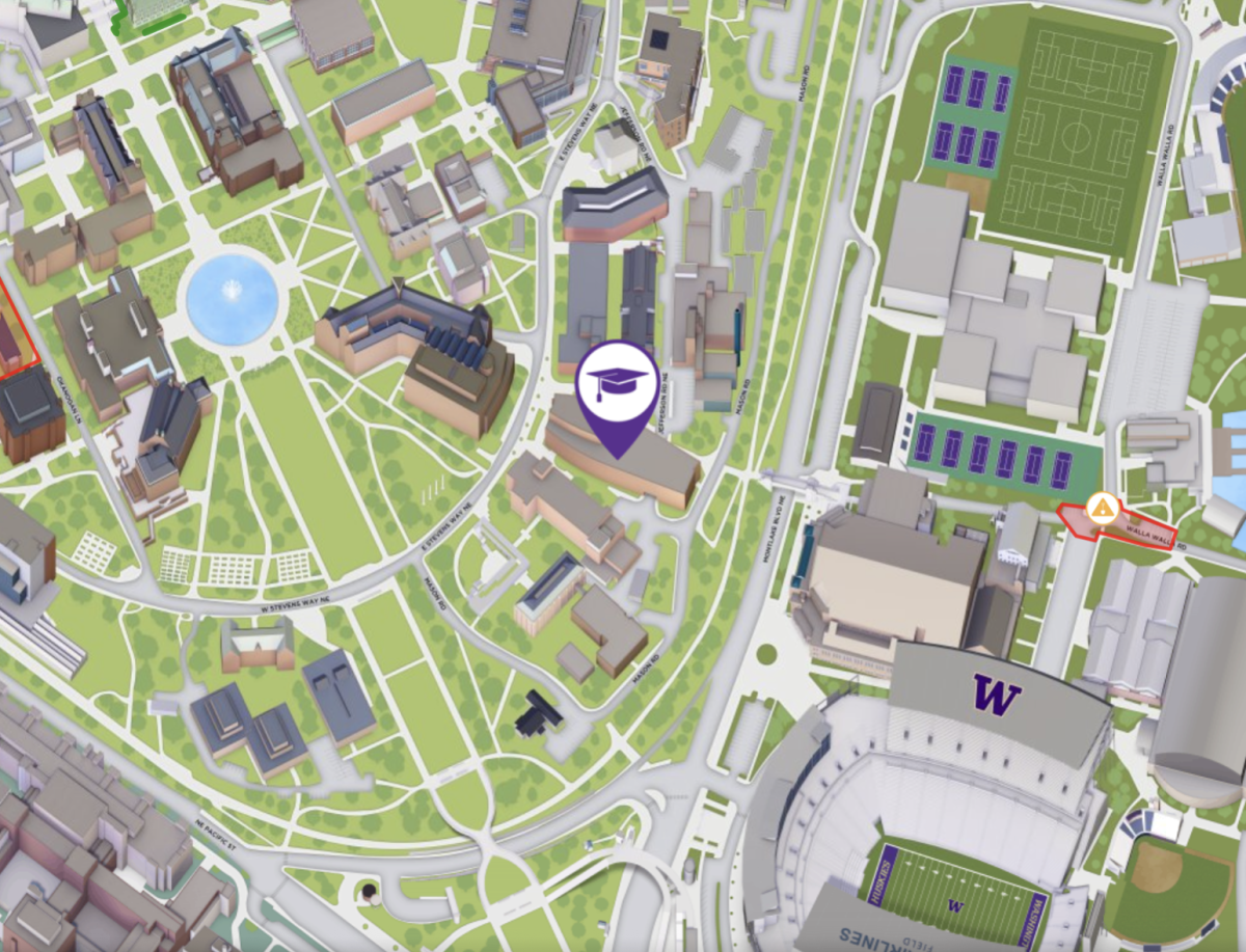 Section of the UW Seattle campus with the Bill & Melinda Gates Center highlighted with a place marker. The marker shows a graduation cap to signify an academic building.