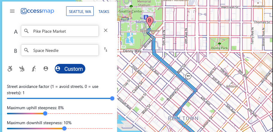 The AccessMap interface with preferences for route steepness and showing the recommended route from Pike Place Market to the Space Needle.