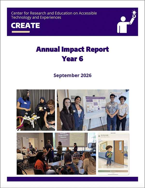 Cover of CREATE's Year 6 Annual Impact Report with the CREATE logo and title followed by a collage of images from the past year