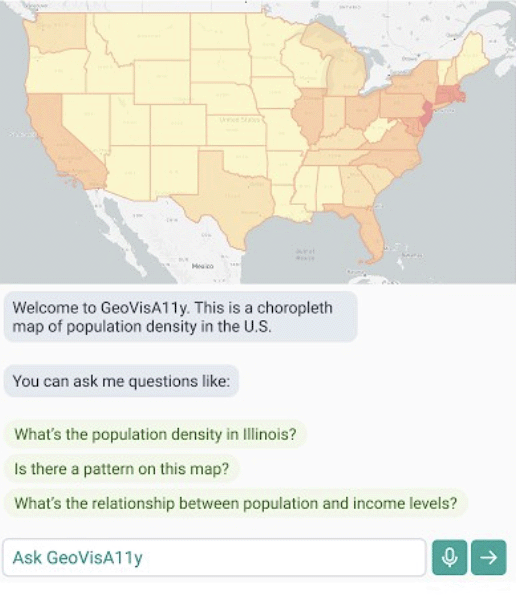 An image from the GeoVisA11y app showing a United States map with states colored various shades of yellow and orange to show population densities. Below the image are prompts for questions to ask and a blank field to submit questions.