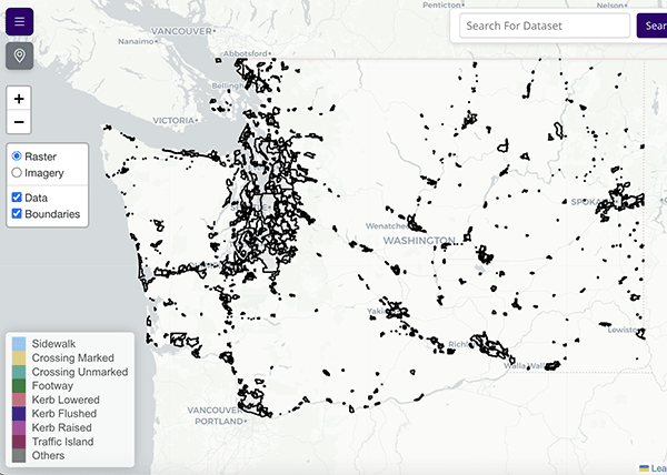 The OS-CONNECT map viewer showing the state of Washington. Mapped areas are outlined in black. Controls let users search for a location and set preferences for what is shown.