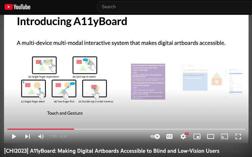 From A11yBoard video: still image showing touch and gesture combos that help blind and low vision users lay out images and text.