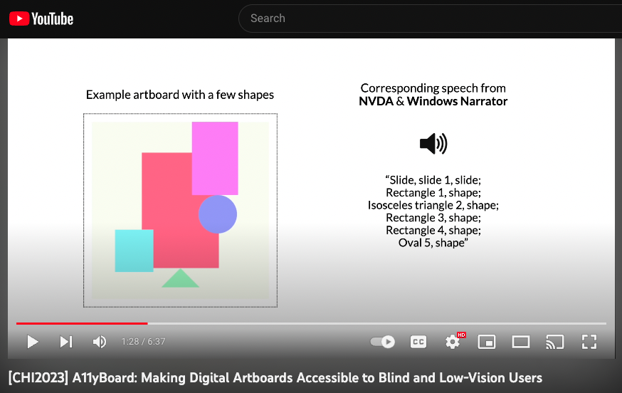 From A11yBoard video: still image of an artboard with different shapes and the unhelpful NVDA & Windows Narrator explanation as text.