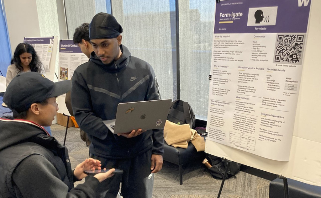 Sam Assefa presents his project, a Chrome extension that allows users with motor impairments to interact with Google Forms using voice commands, enhancing accessibility.