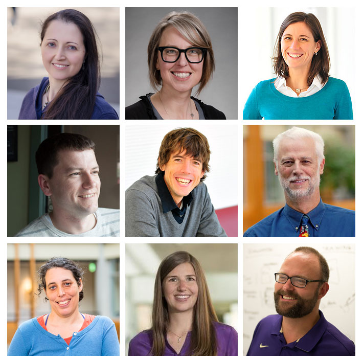 Composite photo of CREATE directors. Top row: Anat Caspi, Director for Translation; Heather Feldner, Associate Director; Leah Findlater, Associate Director. Middle row: James A. Fogarty, Associate Director; Jon Froehlich, Associate Director; Richard Ladner, Director for Education. Bottom row: Jennifer Mankoff, Founding Co-Director; Kat Steele, Associate Director; Jacob O. Wobbrock, Founding Co-Director.