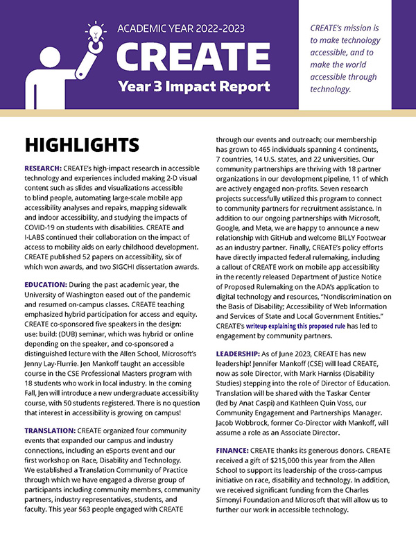 First page of the CREATE Year 3 Impact Report: The logo and highlights.
