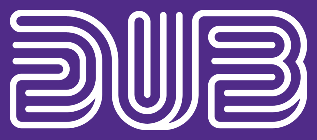 logo for DUB, purple background with white curving lines that spell DUB.