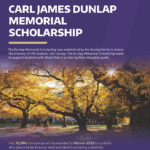 Flyer for the Carl James Dunlap Memorial Scholarship with a link to contact dcenter@uw.edu for details and a picture of the UW Seattle campus in fall.