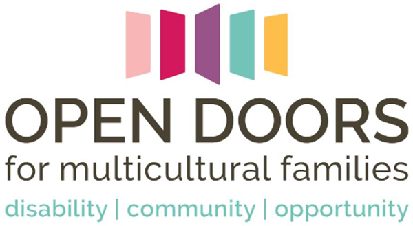 Open Doors for Multicultural Families logo with 5 door images in multiple colors and the words Disability, Community, Opportunity