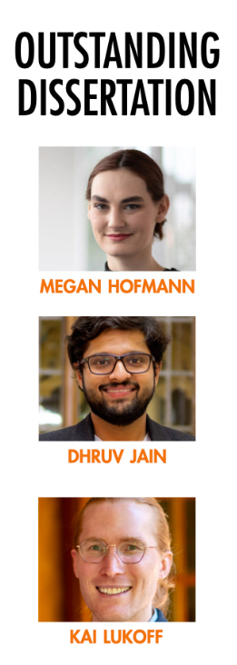 Screenshot from SIGCHI '23 awards page labeled "Outstanding Dissertation" with photos of Megan Hofmann, Dhruv Jain, and Kai Lukoff.
