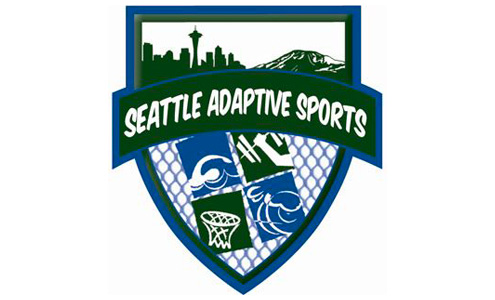 Seattle Adaptive Sports logo of a shield including the Seattle skyline and images of sports.