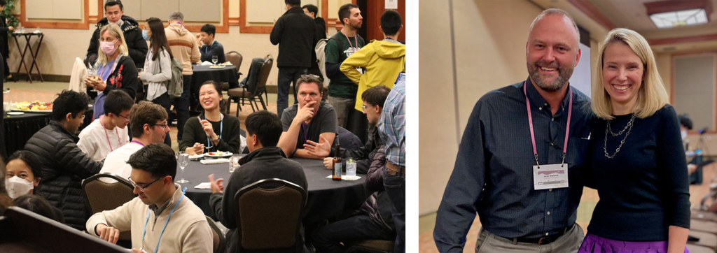 Two photos from UIST 2022 Conference: A table of attendees chatting animatedly and a photo of Jacob O. Wobbrock and closing keynote speaker Marissa Mayer