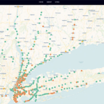 screenshot of UnlockedMaps in New York. Stations that are labeled green are accessible while stations that are labeled orange are not accessible. Yellow stations have elevator outages reported.