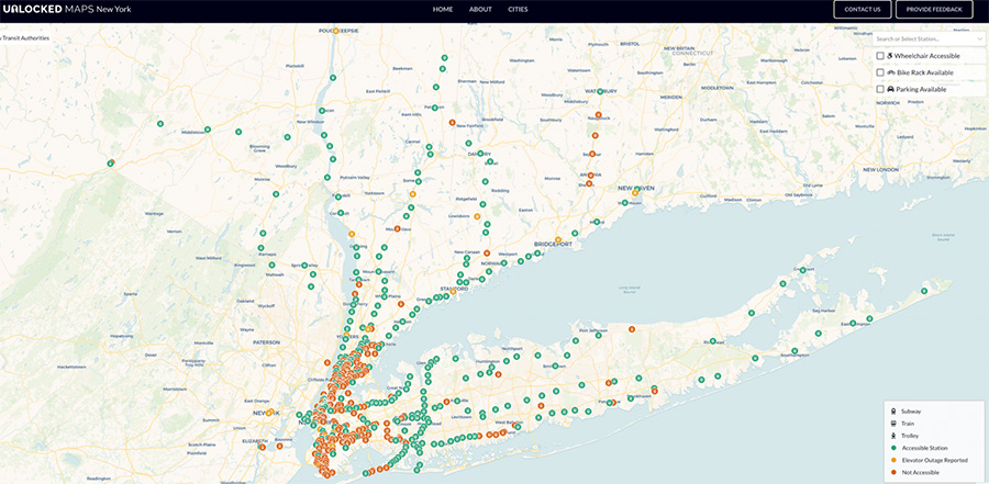 screenshot of UnlockedMaps in New York. Stations that are labeled green are accessible while stations that are labeled orange are not accessible. Yellow stations have elevator outages reported.