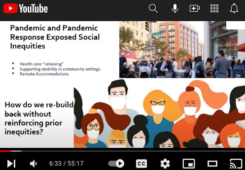 Still image from YouTube with photo of a crowded urban street and text about mobility inequities