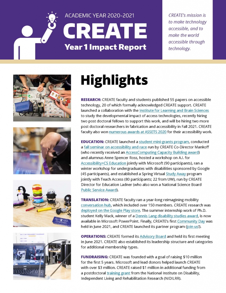 Front page of the accessible Year 1 CREATE impact report with highlights and photos from research