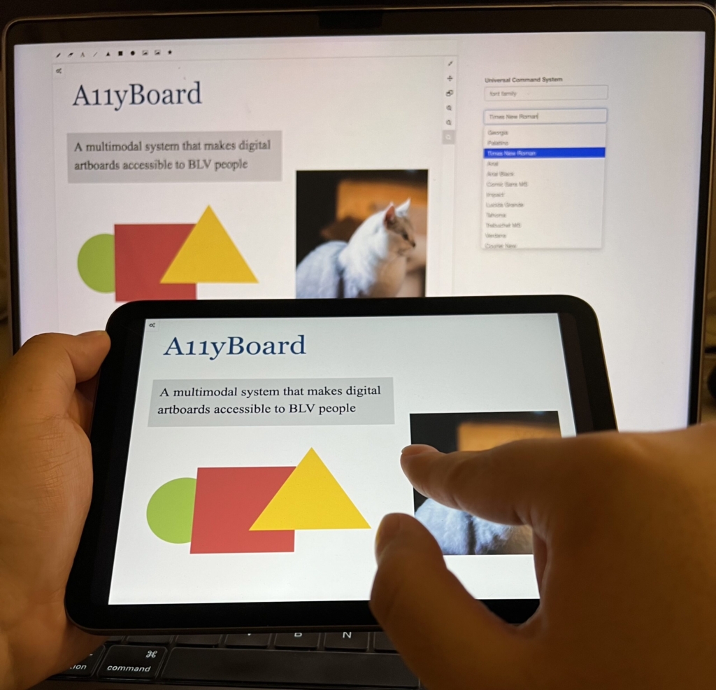 A user demonstrates creating a presentation slide with A11yBoard on a touchscreen tablet and computer screen.