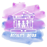 ASSETS 2022 logo, composed of a PCB-style Parthenon outline with three people standing and communicating with each other in the Parthenon, representing three main iconic disabilities: blind, mobility impaired, deaf and hard of hearing.