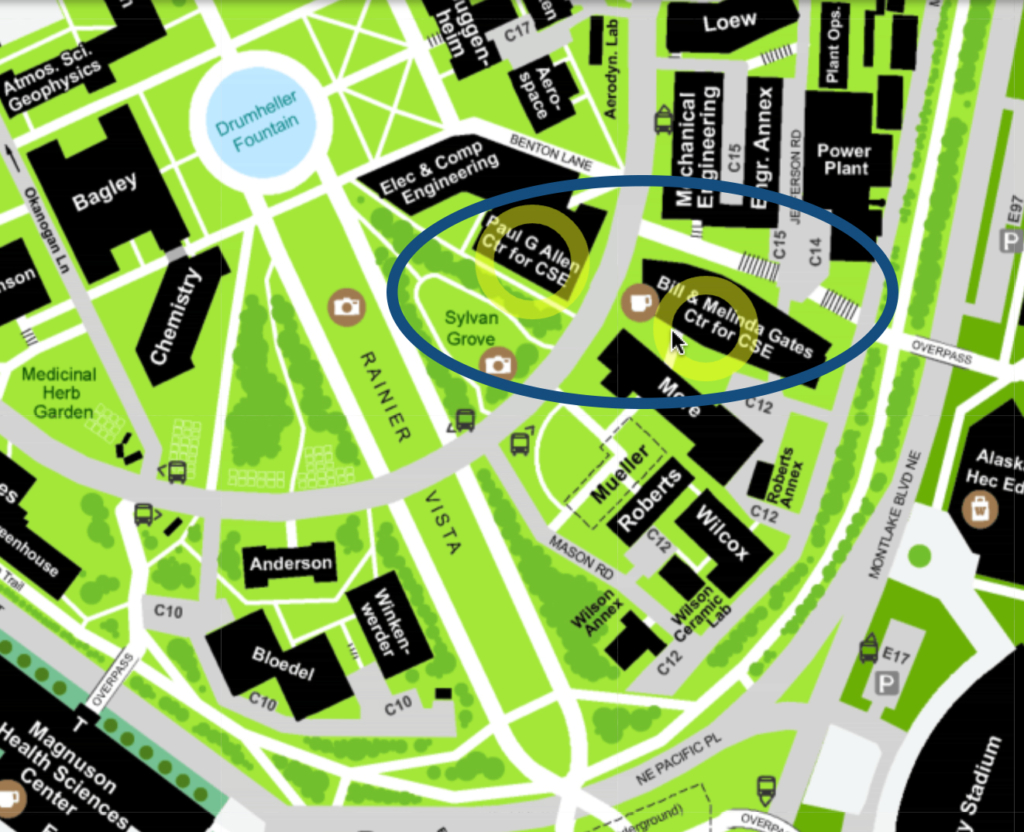 closeup of campus map with the Paul G. Allen and Bill & Melinda Gates centers highlighted with a circle.
