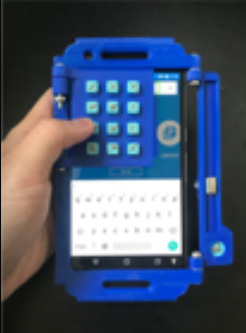A blue prototype of a 3D printed phone case with tangible buttons and scrolling for blind users