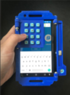 A blue prototype of a 3D printed phone case with tactile buttons and scrolling for blind users.