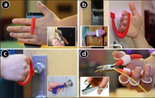 A series of adaptive devices created with a single tool, including a mobile phone holder, a cabinet pull and a door key holder that require less dexterity, and finger grips for hand tools.