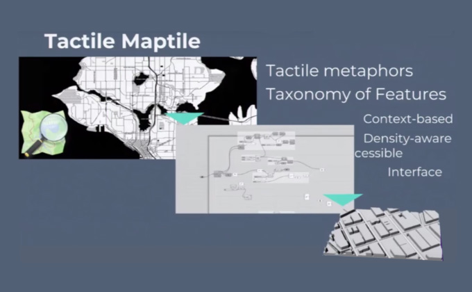 Tactile maptile example - from 2D map to a 3D tile representing the layout of a city block