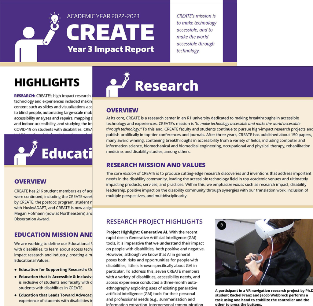 Three pages from CREATE's Year 3 Impact Report showing the main page, and the headings from the Research and Education pages.